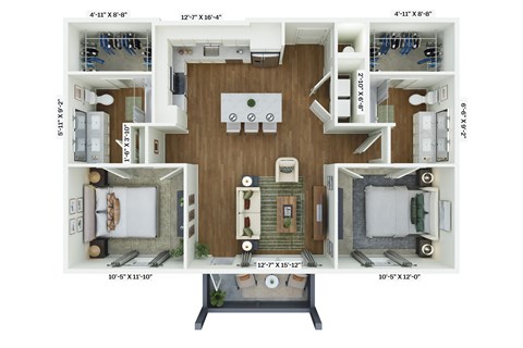 a 3d floor plan of a home with the bedrooms and baths